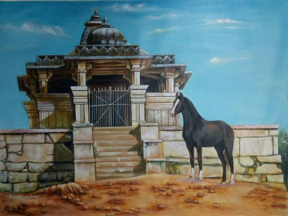 The Guardian At The Temple Gate (ART-2078-116015) - Handpainted Art Painting - 48in X 36in
