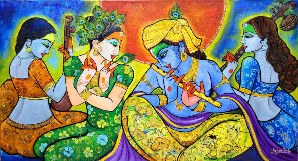 Krishna's Musical Gathering (ART-82-116001) - Handpainted Art Painting - 36in X 60in