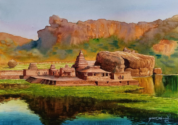 Bhoothnath Temple Badami (ART-8116-116070) - Handpainted Art Painting - 20in X 14in