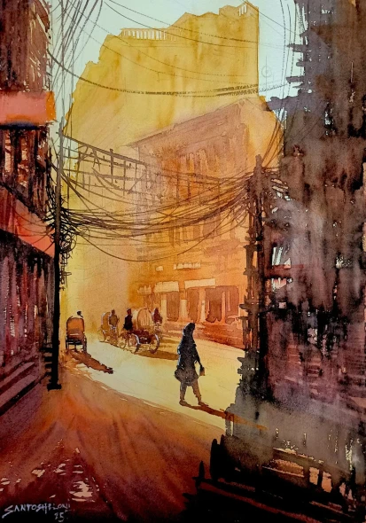 A Morning Walk (ART-8116-116072) - Handpainted Art Painting - 13in X 19in