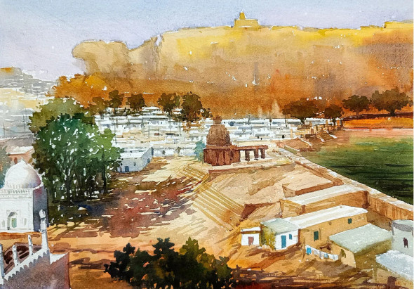 Bird View Of Badami (ART-8116-116077) - Handpainted Art Painting - 15in X 11in