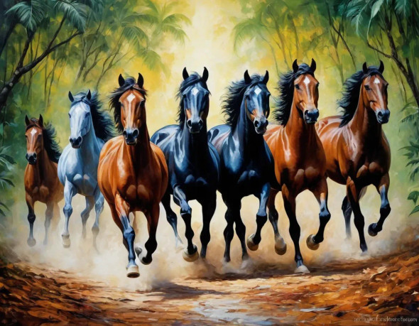 7 Running Horses Painting Vastu (ART-3319-116082) - Handpainted Art Painting - 36in X 24in