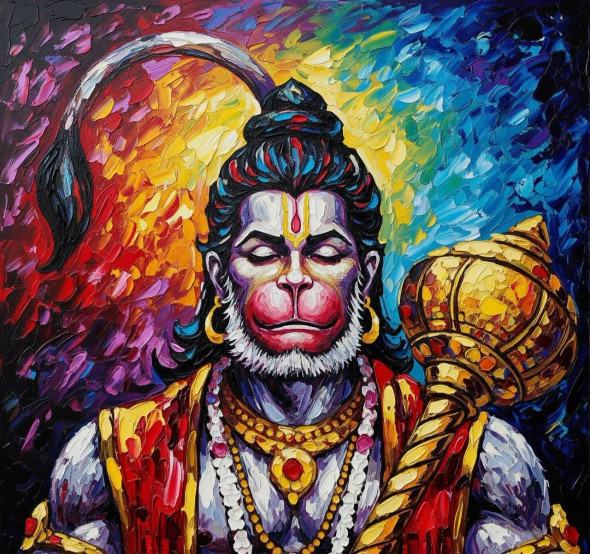 Hanuman Ji Painting (ART-3319-115453) - Handpainted Art Painting - 48in X 36in