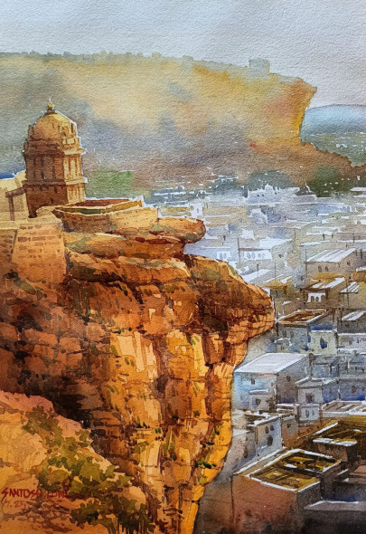 Badami Bird View (ART-8116-116076) - Handpainted Art Painting - 11in X 16in