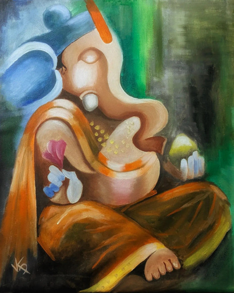 Ganpati Bappa Morya (ART-16877-116222) - Handpainted Art Painting - 24in X 27in