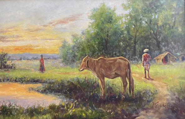 Morning In The Village (ART-15644-116251) - Handpainted Art Painting - 24in X 16in