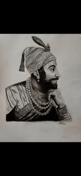 Handmade Shivaji Maharaj Portrait – Realistic Charcoal/Pencil Drawing (ART-17747-116145) - Handpainted Art Painting - 8in X 12in