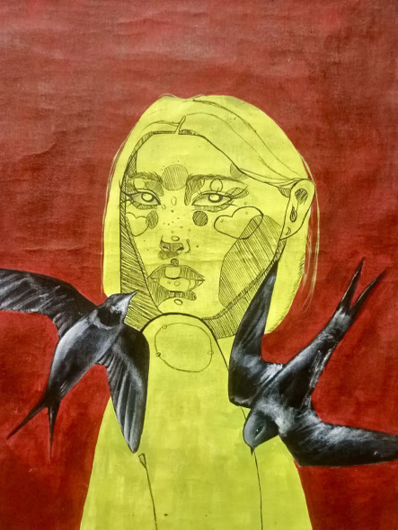 Bird With Girl (ART-17745-116131) - Handpainted Art Painting - 14in X 19in