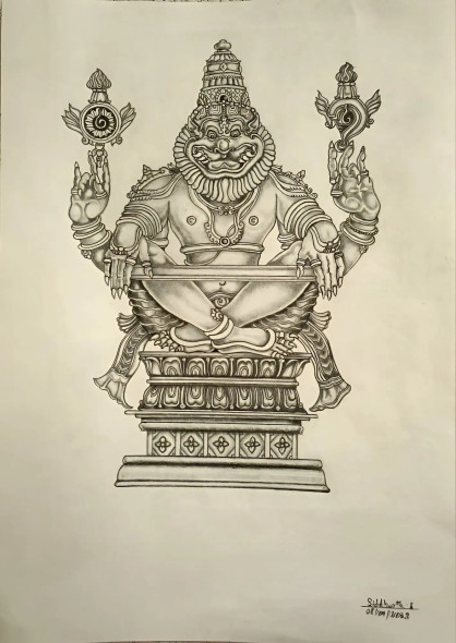 Handmade Lord Narasimha Drawing – Detailed Pencil Artwork (ART-17747-116144) - Handpainted Art Painting - 12in X 17in