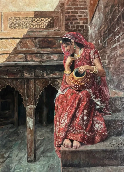 The Women In Red Poshak (ART-15644-116253) - Handpainted Art Painting - 18in X 24in