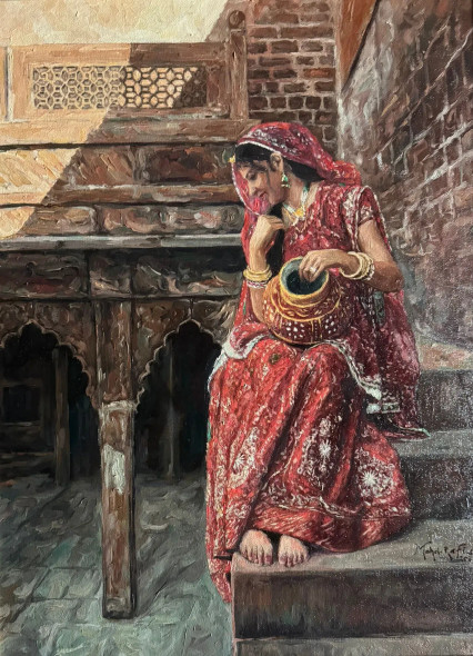 The Women In Red Poshak (ART-15644-116253) - Handpainted Art Painting - 18in X 24in