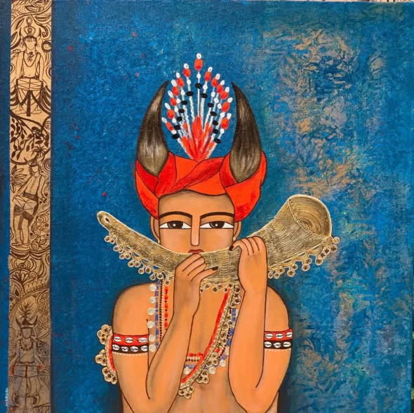 Tribal Musician (ART-5103-116245) - Handpainted Art Painting - 36in X 36in