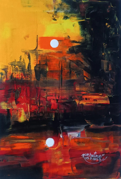 Reflections Of Fire And Light (ART-1230-116134) - Handpainted Art Painting - 8in X 12in