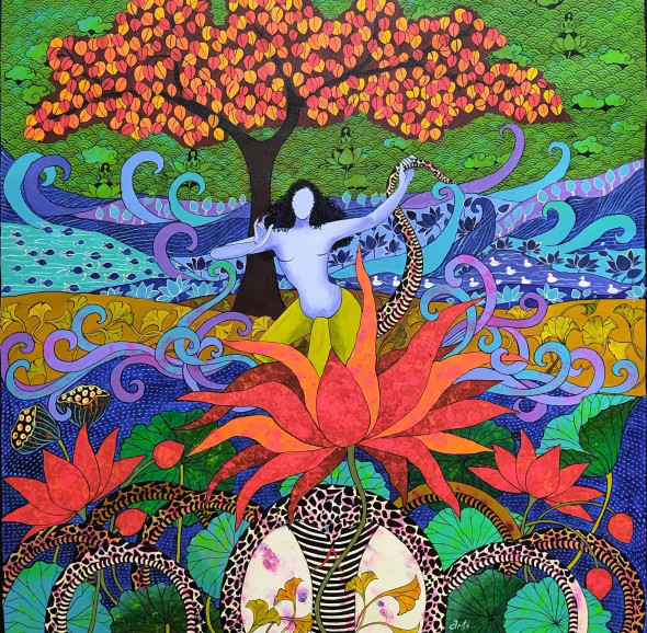 Krishna And Kalia (ART-1968-116252) - Handpainted Art Painting - 30in X 30in