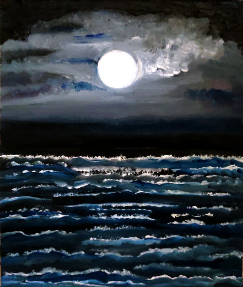 "River Under The Moon" (ART-7841-116201) - Handpainted Art Painting - 9in X 12in