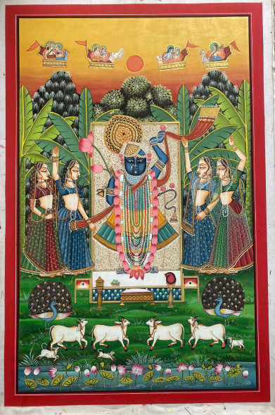 Handmade Pichwai Painting 2#3 Traditional Art (ART-8266-116309) - Handpainted Art Painting - 24in X 36in