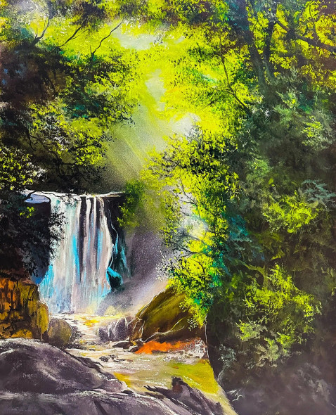 Enchanted Forest Falls (ART-7615-116277) - Handpainted Art Painting - 24in X 30in