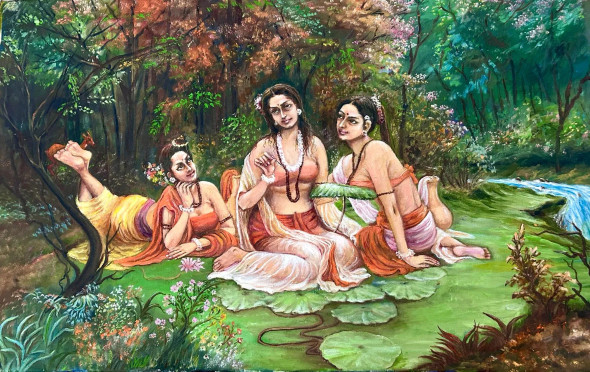 Shakuntala By The Lotus Pool (ART-17757-116308) - Handpainted Art Painting - 31in X 20in