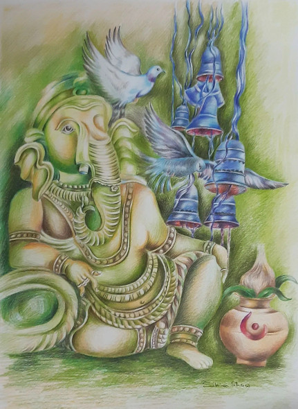 Ganesh (ART-17761-116361) - Handpainted Art Painting - 11in X 16in