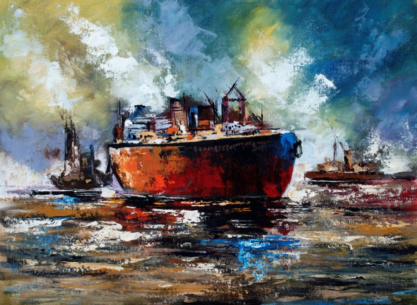 Original Abstract Ship Artwork | Contemporary Handmade Wall Decor (ART-16885-116294) - Handpainted Art Painting - 48in X 36in