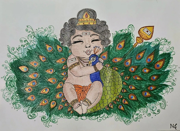 Lord Murugan With His Peacock Handmade Art (PRT-17633-116346) - Canvas Art Print - 24in X 18in
