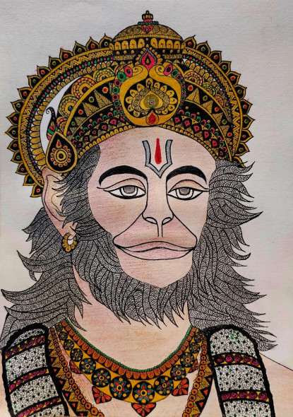 Lord Hanuman Handmade Mandala Art (PRT-17633-116344) - Canvas Art Print - 17in X 24in
