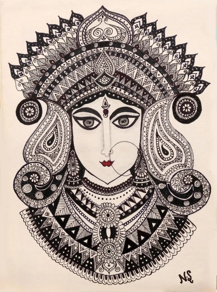 Maa Durga Handmade Mandala Art (PRT-17633-116343) - Canvas Art Print - 18in X 24in