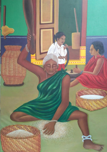 Tribal Life 1(pounding The Grain) (ART-17763-116388) - Handpainted Art Painting - 48in X 65in