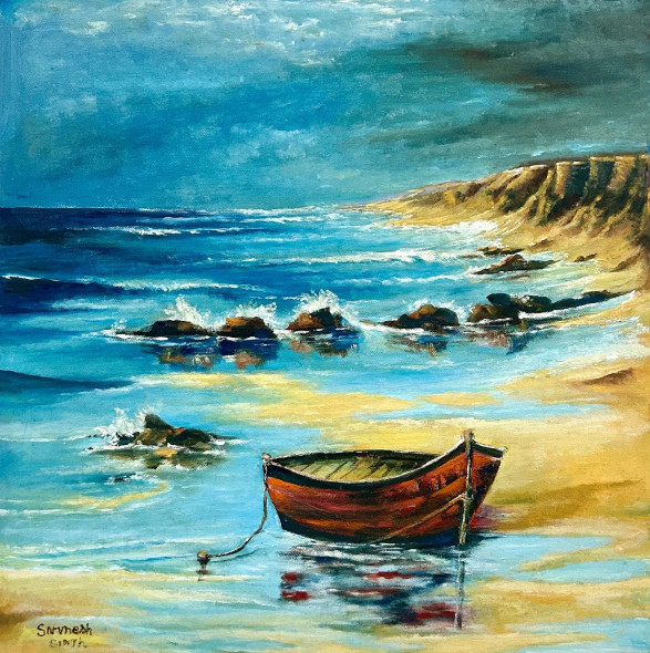 Wooden Boat On Sandy Beach With Ocean Waves (ART-17757-116402) - Handpainted Art Painting - 22in X 22in