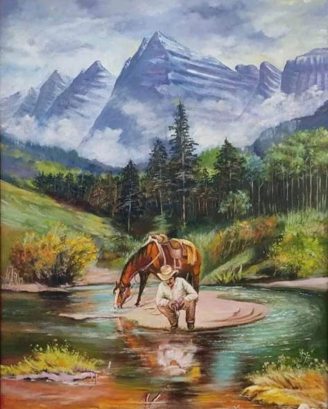 Cowboy And Horse By River In Mountain Landscape (ART-17757-116401) - Handpainted Art Painting - 24in X 36in