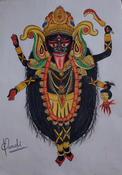 Maa Kali Painting By Oil Pastels ❤️ (ART-17760-116396) - Handpainted Art Painting - 12in X 17in