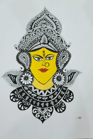 MAA DURGA SKETCH (ART-17781-116392) - Handpainted Art Painting - 15in X 24in