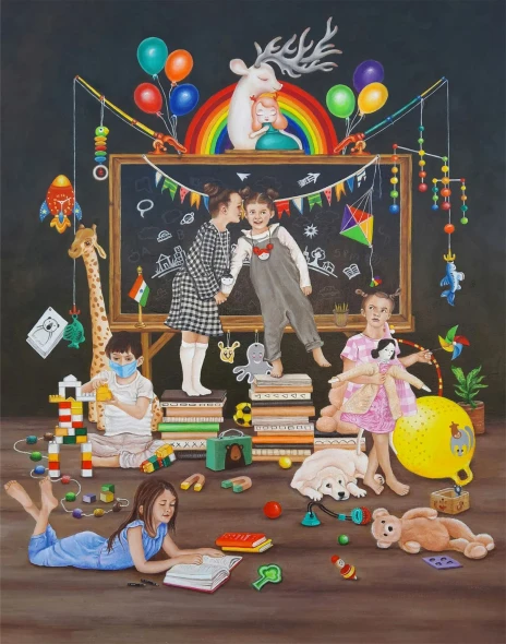 Whispers Of Childhood – Joy And Imagination (ART-8857-116491) - Handpainted Art Painting - 22in X 28in