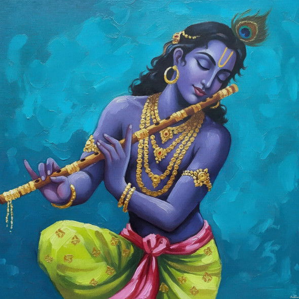 Divine Melodies Of Krishna’s Flute (PRT-15697-116516) - Canvas Art Print - 24in X 24in