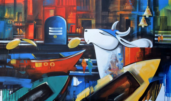 Varanasi Series (ART-8184-116589) - Handpainted Art Painting - 60in X 36in