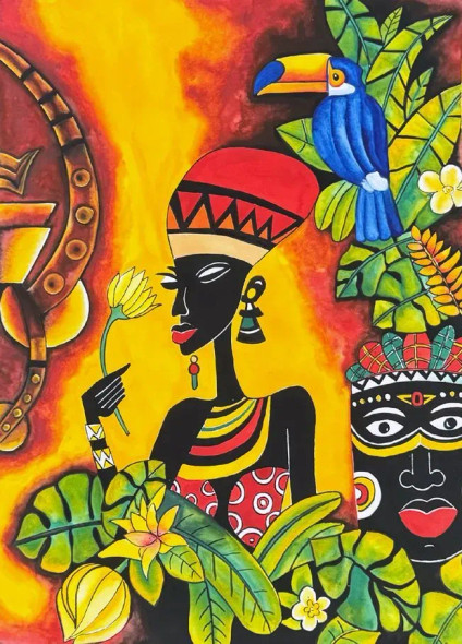 CLASSIC AFRICAN FOLK ART (ART-1315-116531) - Handpainted Art Painting - 22in X 30in