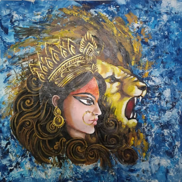 Goddess Durga With Lion – Abstract Expression In Acrylic (ART-3674-116578) - Handpainted Art Painting - 24in X 24in