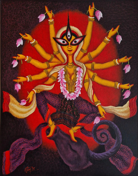 Mahisasuramardini (ART-8444-116528) - Handpainted Art Painting - 22in X 28in