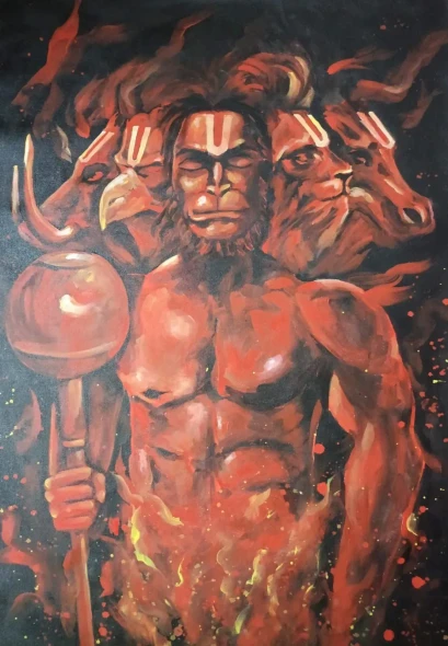 Panchmukhi Hanuman Acrylic Painting | Divine Hindu Wall Art | Spiritual Power Decor (ART-3674-116604) - Handpainted Art Painting - 24in X 36in