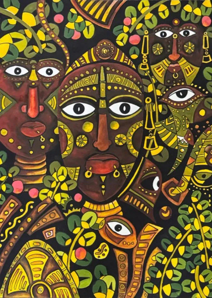 AFRICAN FOLK ART - THE WARRIORS (ART-1315-116532) - Handpainted Art Painting - 22in X 30in