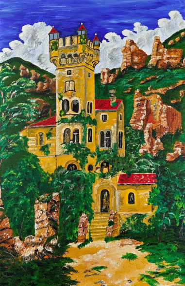 Castle In Crimson Hills (ART-17802-116553) - Handpainted Art Painting - 25in X 39in