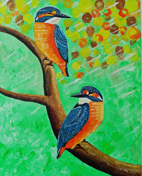 Whishpers Of Kingfisher (ART-17802-116552) - Handpainted Art Painting - 24in X 30in
