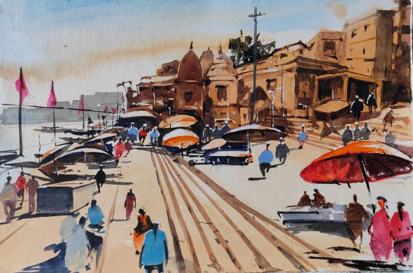Benaras Ghat Series (ART-7901-116663) - Handpainted Art Painting - 10in X 8in