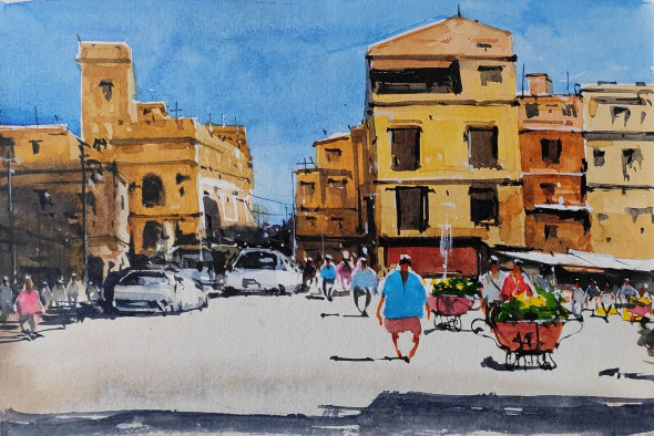 City (ART-7901-116671) - Handpainted Art Painting - 10in X 8in