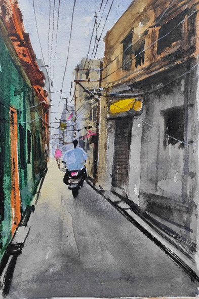 Narrow Lane (ART-7901-116665) - Handpainted Art Painting - 8in X 10in