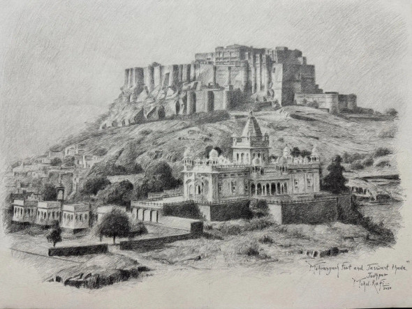 Mehrangarh Fort And Jaswant Thada, Jodhpur (ART-15644-116744) - Handpainted Art Painting - 16in X 12in