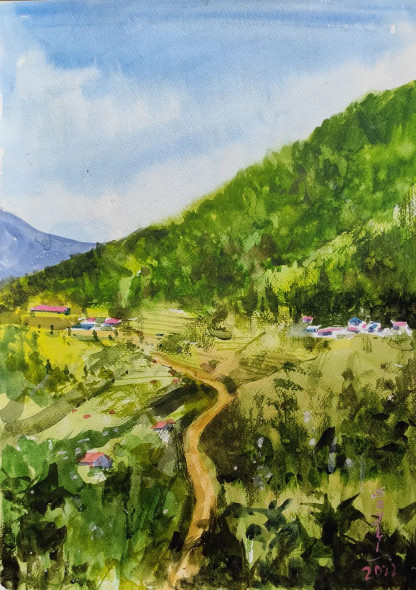 Green Land (ART-7901-116619) - Handpainted Art Painting - 12in X 16in