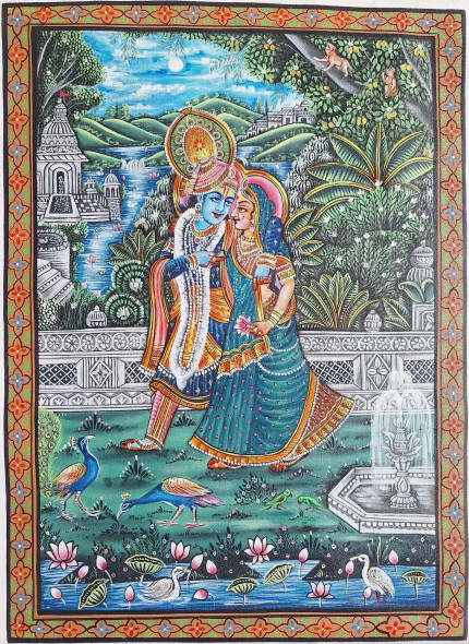 Radha Krishna Painting, Indian Art, (ART-7555-116565) - Handpainted Art Painting - 18in X 25in