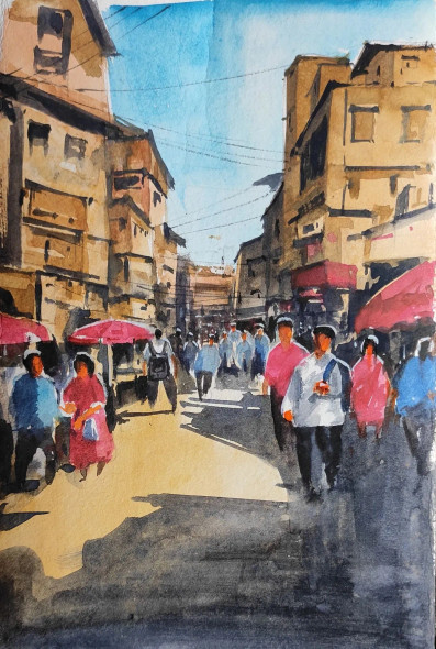 City Croud (ART-7901-116677) - Handpainted Art Painting - 8in X 10in