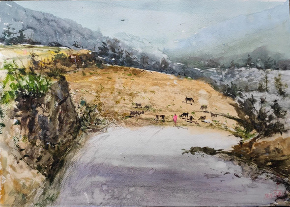 Landscape (ART-7901-116641) - Handpainted Art Painting - 16in X 12in